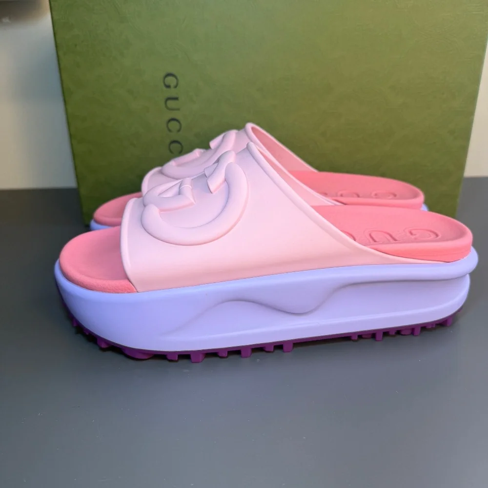 NWT GUCCI POOL SLIDES SIZE 38-8US platform interlocking logo pink purple - Picture 5 of 10